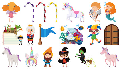 Set of isolated fairytale cartoon characters and objects