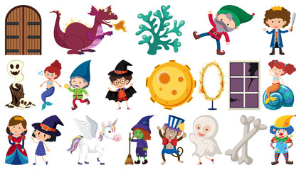 Set of isolated fairytale cartoon characters and objects