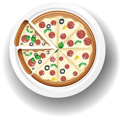 Top view of cheese salami pizza on white background