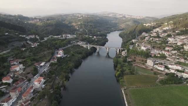 Ponte Duarte Pacheco old arched bridge in Portugal, historical Europe landmark