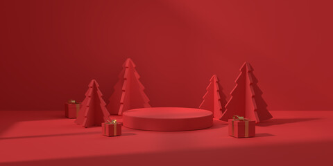 Red christmas podium for product showcase. Red xmas product display pedestal behind pine trees. Minimal christmas cosmetic background for product presentation. Christmas landscape product display