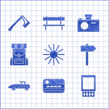 Set Sun, Credit Card, Open Matchbox And Matches, Road Traffic Signpost, Car, Hiking Backpack, Photo Camera And Wooden Axe Icon. Vector