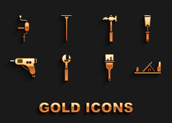 Set Adjustable wrench, Putty knife, Wood plane tool, Paint brush, Electric hot glue gun, Claw hammer, Hand drill and Metallic nail icon. Vector