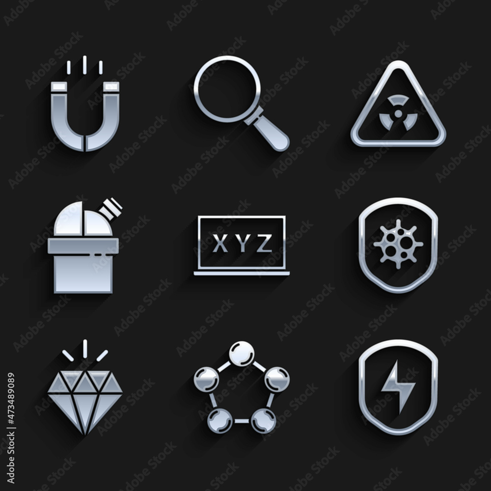 Poster set xyz coordinate system, molecule, secure shield with lightning, shield protecting from virus, dia