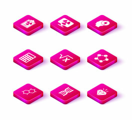 Set Chemical formula, DNA symbol, Calculator, Square root of x glyph, Diamond, Molecule, Head and electric and Radioactive in location icon. Vector