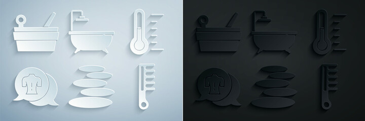 Set Stack hot stones, Sauna thermometer, Massage, Hairbrush, Bathtub and bucket and ladle icon. Vector