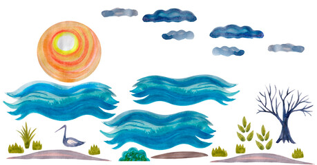 Set with landscape elements painted in watercolor, sun, clouds, waves on the water, islands of the earth, heron, green bushes, hand-drawn on a white background, raster illustration