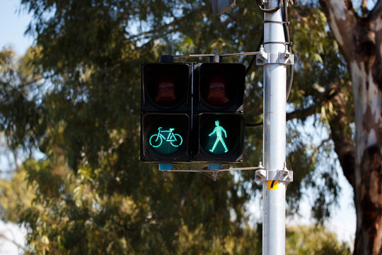 green traffic lights with walking and bike figure in Adelaide, South Australia