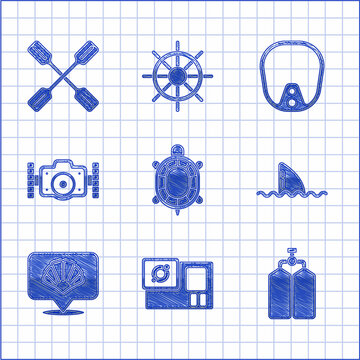 Set Turtle, Action camera, Aqualung, Shark fin in ocean wave, Scallop sea shell, Photo, Diving mask and Paddle icon. Vector