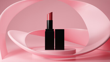 Lipstick mockup in pink pedestal and abstract geometric shapes background.