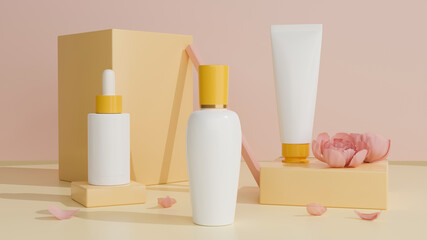 Set of premium beauty skincare bottle mockup over pastel background.