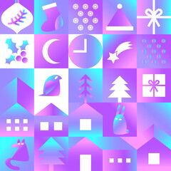 Neon winter Geometric Pattern. Christmas, new year Square Holographic night Forest template