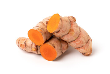 Turmeric (curcumin) rhizomes isolated on a white background.