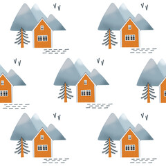 Digital illustration -Pattern of Norway house and mountains