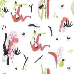 Vector element of seamless pattern with sloth on branch, plants, leaves, snags. paper cover print design