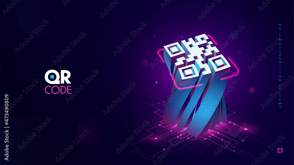 Wall mural futuristic blue qr code scanning with light neon effect vector illustration. quick recognition verif