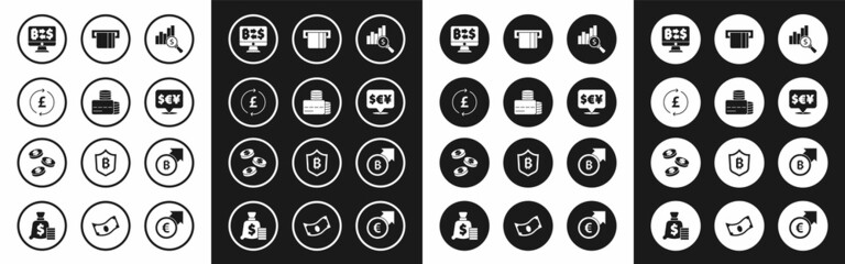 Fototapeta premium Set Pie chart and dollar, Credit card, Coin money with pound, Cryptocurrency exchange, Currency, inserted, Financial growth bitcoin and icon. Vector