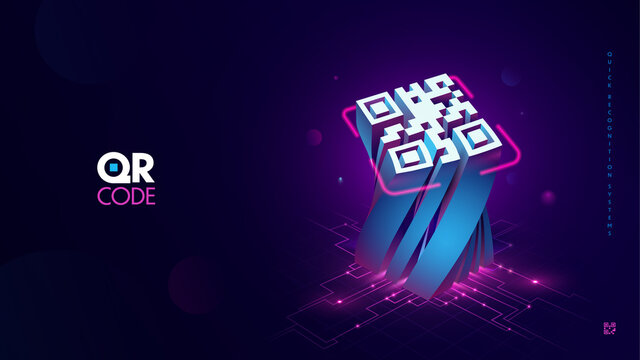 Futuristic blue QR code scanning with light neon effect vector illustration. Quick recognition verification system modern design
