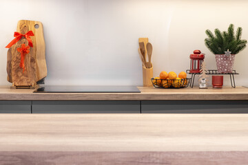 Christmas background kitchen interior. Christmas simple decor.