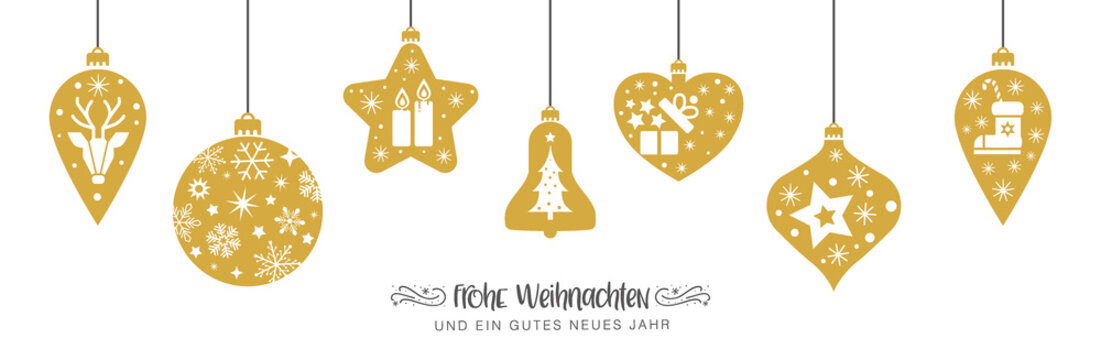 Weihnachtsgruß mit Illustration und deutschem Text - verschiedene Weihnachtskugeln mit dekorativen weihnachtlichen Motiven - gold auf weißem Hintergrund