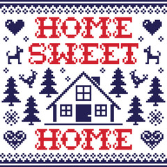 Home sweet home vector cross-stitch winter or Christmas seamless pattern - Scandinavian design with home, trees, birds and dogs
