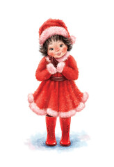 Cute Little Santa Claus girl. The hand-drawn smiling baby wearing a red santa claus dress on a white background. Ideal for new year design, greeting card, postcards, Christmas poster and printing.