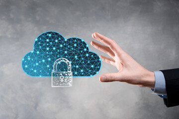 Cloud technology. Polygonal wireframe cloud storage sign with padlock on dark blue. Cloud...