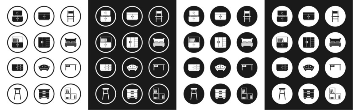 Set Chair, Wardrobe, Library bookshelf, TV table stand, Big bed, Chest of drawers, Office desk and icon. Vector