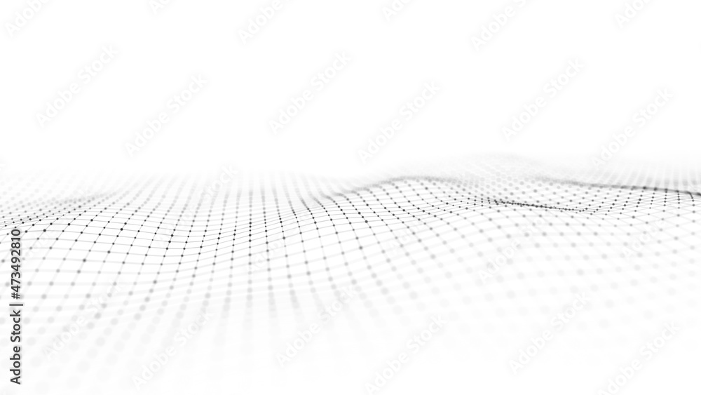 Poster abstract white wave with moving dots and lines. flow of particles. cyber technology illustration. 3d
