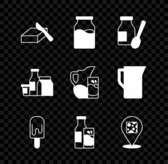 Set Butter in a butter dish, Bottle with milk, Drinking yogurt bottle, Ice cream, and glass, Cheese, Milk product and jug or pitcher icon. Vector