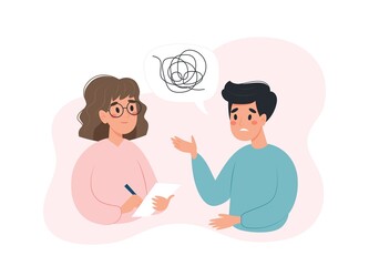 Mental health concept - man talking to psychologist about his problems. Vector illustration in flat style