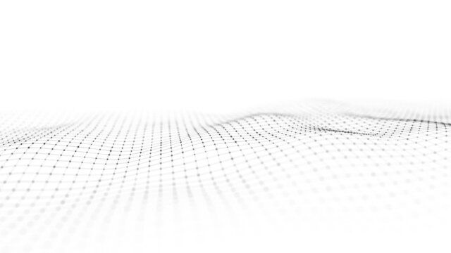 Abstract white wave with moving dots and lines. Flow of particles. Cyber technology illustration. 3d rendering