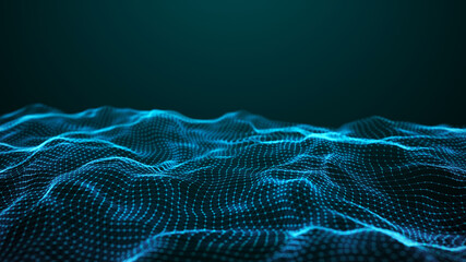 Data technology illustration. A wave with connecting dots and lines. Futuristic relief of dots and lines. Abstract of the technology. Blue background. 3d rendering.
