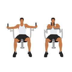 Man butterflies,pec deck,seated machine flyes flat vector illustration isolated on different layers. Chest day exercise