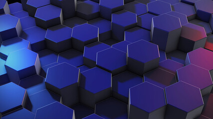 Abstract technological hexagonal background of blue, blue and red shades. The concept of futuristic technology. Geometric data. Honeycombs. 3d rendering.