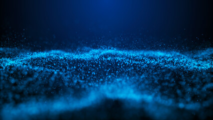 Wave of particles. Abstract background with a dynamic wave. Blue background with moving particles. 3d rendering.