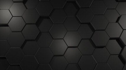 Abstract background of carbon hexagons. Polygonal dark surface. The concept of futuristic technology. Geometric data. 3d rendering