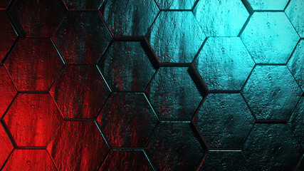 Colorful abstract hexagon background. Moving metal hexagons with incident red and blue light. The concept of futuristic technology. 3d rendering