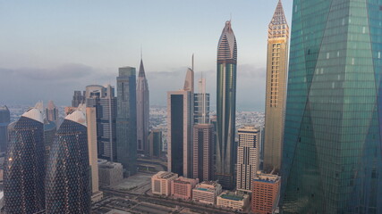 Financial center of Dubai city with luxury skyscrapers morning timelapse, Dubai, United Arab Emirates