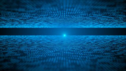 Moving particles on a blue background. Futuristic illustration. The matrix. Corrupted code. 3d rendering