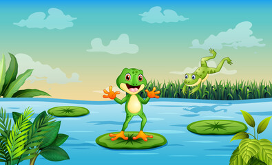 Illustration of a playful frogs at the pond