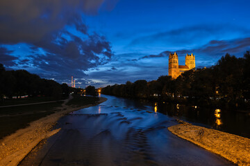 Isar river, park and St Maximilian church from Reichenbach Bridge. Munchen, Bavaria, Germany.