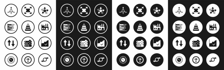 Set Many ways directional arrow, Pyramid chart infographics, Pie, Arrow, Factory, Financial growth increase and icon. Vector