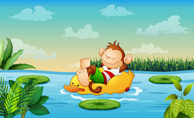 Obraz na płótnie Canvas Cute a monkey relaxing on duck lifebuoy in the river illustration