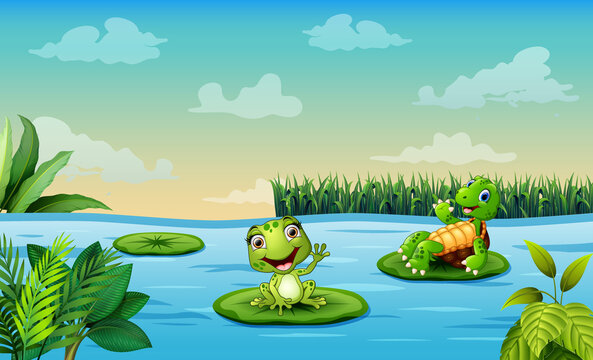 Illustration of a pond scene with frog and turtle sits on the lotus
