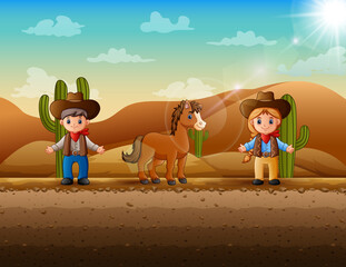 Cartoon illustration a cowboy and cowgirl at the desert	