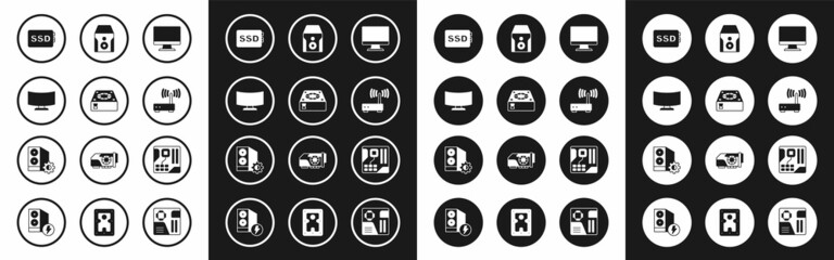 Set Computer monitor screen, cooler, SSD card, Router and wi-fi signal, Uninterruptible power supply, Motherboard digital chip and Case of computer icon. Vector