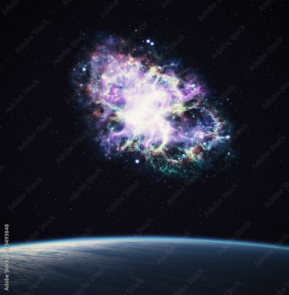 Wall mural 3d rendering of blue planet with nebula on background. elements of this image furnished by nasa.
