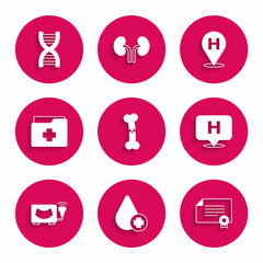 Set Human broken bone, Donate drop blood, Certificate template, Location hospital, Ultrasound, Patient record, and DNA symbol icon. Vector