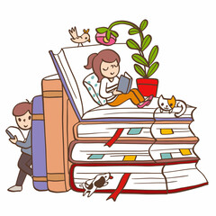 Boy girl reading pile of books vector graphic illustration